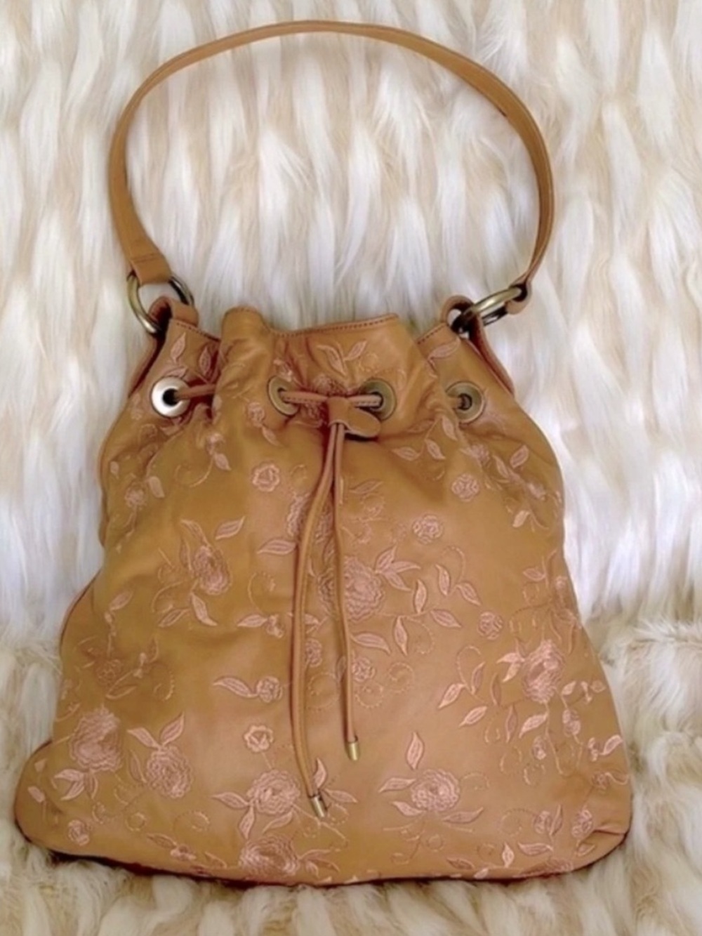 Donald J. Pliner Embroidered Bucket Shoulder Bag Tan Leather Floral Boho